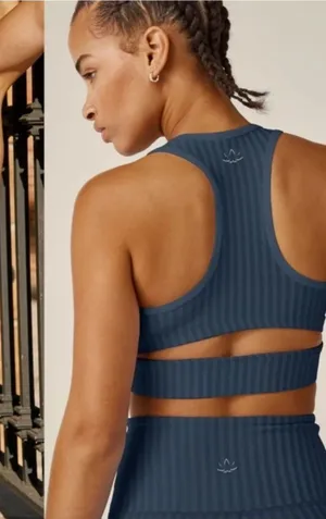Like New Beyond Yoga Work It Over Long Line Sports Bra Navy Stripe XL Retail $70 thumbnail 1