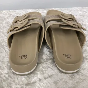 Time & Tru womens canvas size 9 beige & brown double strap slide on sandals thumbnail 5