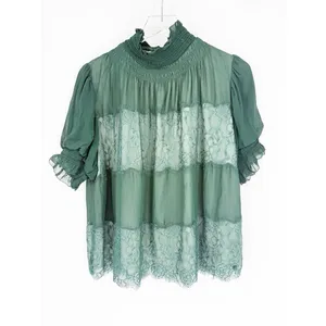 Anthropologie High Neck Lace Swing Blouse Women's S Green Romantic‎ thumbnail 2