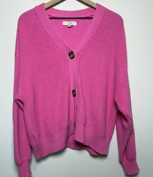 LOFT Women 100% Cotton Cardigan Sweater XL‎ Pink Front Balloon Sleeve Chunky thumbnail 1
