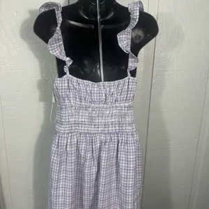 WAYF Purple Gingham Checkered Smocked Waist Flutter Sleeve Midi Dress SZ M NWT thumbnail 6