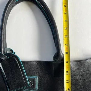 Black Deertan Cowhide Leather Tote Bag Teal Trim Classic Minimalist Purse‎ thumbnail 11