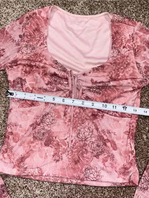 Y2K Pink Floral Mesh Long Sleeve Top Medium M tie Crop thumbnail 3