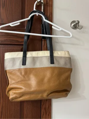 Fossil Tri-Panel Leather Tote in Tan, Cream & Gray with Black Straps thumbnail 2
