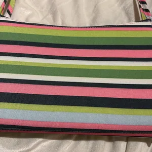 Source Unknown STRIPED MULTICOLORED SHOULDER BAG PINK GREEN BLUE CANVAS LIKE BAG THIN HANDLES thumbnail 2
