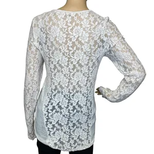 Sheer Long Lace Sleeve Blouse Cream With Coral Applique On Front Size L thumbnail 6