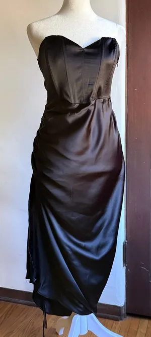 ZARA | Black Satin Corset Top Ruched Midi Skirt with Slit Cocktail Dress | Small thumbnail 1