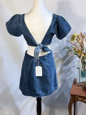 💥NWT Show Me Your Mumu City Cut Out Denim Mini Dress Deep End Size Small🧡 thumbnail 4
