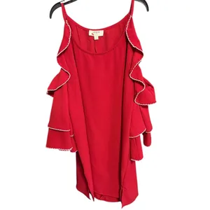 Umgee Red Cold Shoulder Tiered Ruffle Sleeve Picot Trim Boho Tunic Top Large thumbnail 2