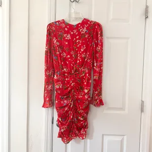 Sau Lee Red Floral Print Ruched Skirt Long Sleeve Fitted Sheath Mini Dress 2 thumbnail 8