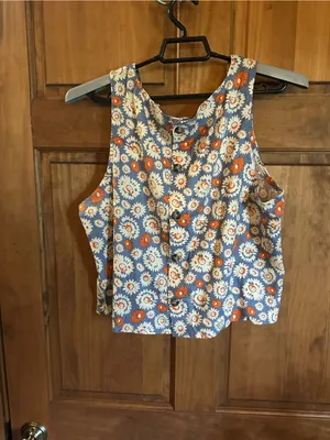 Toad&Co hemp tan Blue Floral Scoop Neck Tank with Orange Accents Size large thumbnail 5