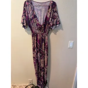 Pia Colors Womens Jumpsuit S Purple Paisley V-Neck Flutter Sleeve Wide Leg thumbnail 2