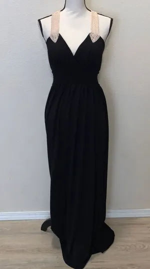 My Michelle black maxi sleeveless beige lace straps evening dress thumbnail 1