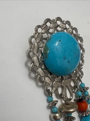 Vintage Turquoise& Coral Dangle Brooch — Silver-Tone Women’s Jewelry thumbnail 7