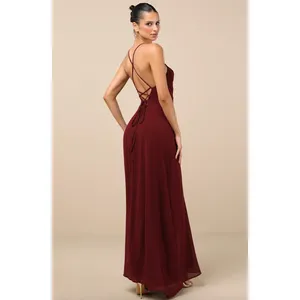 Lulus Event Ready Burgundy Backless Lace-Up Maxi Dress Chiffon Formal Medium NWT thumbnail 4