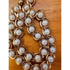 Vintage Gold Tone Chunky Heavy Gold Link w/Faux‎ Pearl 16" Necklace thumbnail 4