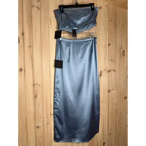 NWT Lulus Demure Sweetie Slate Blue Satin Strapless Two-Piece Midi Dress Sz M/L thumbnail 6