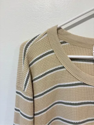 Offline By Aerie Yellow Green White Striped Waffle Knit Long Sleeve Scoop Neck thumbnail 4