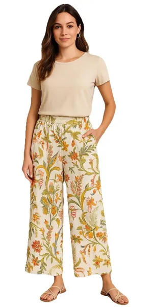 Floral Linen Blend Wide Leg Pants Size M Boho Botanical Resort Summer thumbnail 1