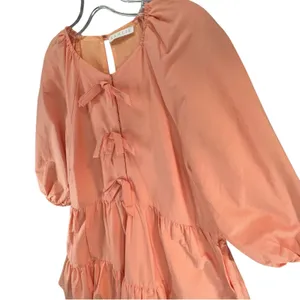 Karlie Bow Poplin Dress Womens M Orange Puff Sleeves Tiered Pockets Cottagecore thumbnail 3