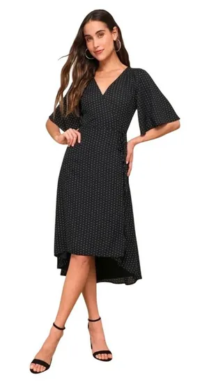 Lulus Farah Black White Triangle Print High Low Wrap‎ Midi Dress S thumbnail 1