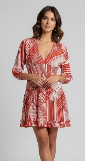 NWT Neiman Marcus Red White Abstract Stripe V-Neck Mini Dress | Size L thumbnail 1