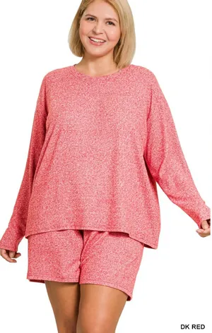 Zenana Plus Size Dark Red Plus soft melange long sleeve tee & shorts set Size 1X thumbnail 1