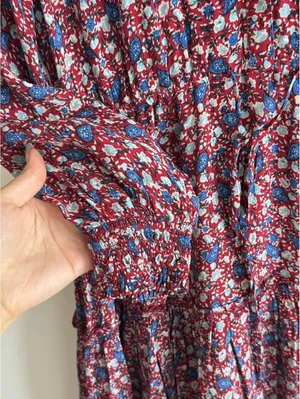Lucky Brand Floral Mini Dress Burgundy Blue Boho Long Sleeve Size M thumbnail 4