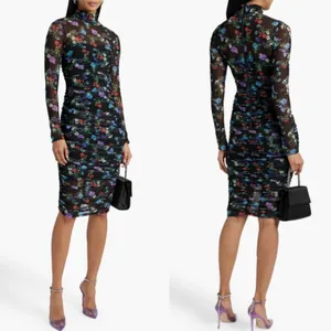 Alice + Olivia Delora Floral Black Mesh Ruched Turtleneck Dress Size 4 Romantic‎ thumbnail 12
