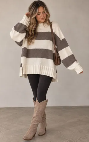 Sanctuary Womens Striped Mock Neck Cozy Warm Sweater Brown Cream Oversized L thumbnail 1