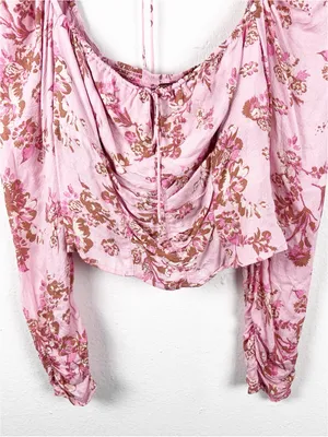 FREE PEOPLE Hilary Pink Floral Tie Closures Ruched Front Puff Sleeves Top Small thumbnail 13
