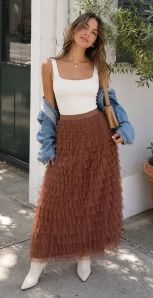 Miss Sparkling Mocha Brown Tiered Tulle Ruffle Midi Skirt thumbnail 1