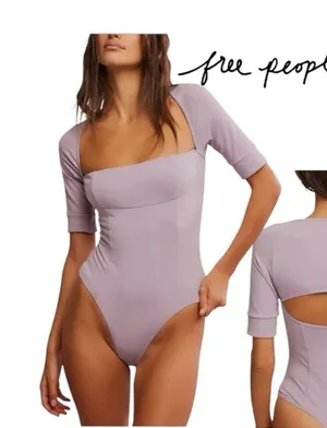 Free People Intimately Everly Square Neck Bodysuit Size L (16” PTP) Seafog NWT thumbnail 1