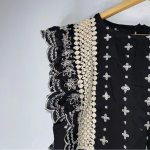 Monograph Black Cream Embroidered Ruffle Short Sleeve Top Boho‎ Medium thumbnail 3