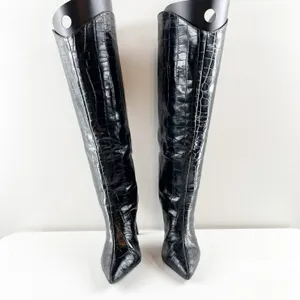 Schutz Maryana Knee High Croc Embossed Stiletto Heel Boots Black 6 thumbnail 9