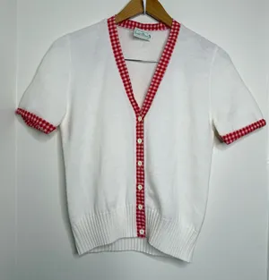 Vintage 60s 70s Arnold Palmer White Cardigan Sweater w/ Red Gingham Trim preppy thumbnail 1
