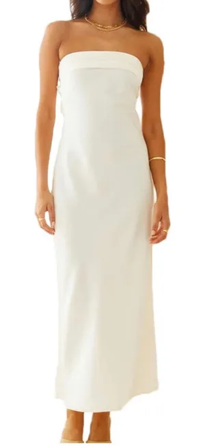 NEW White Elegant Satin Silk Backless Strapless Maxi Low Back Wedding Dress L thumbnail 1