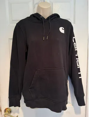 Carhartt Womens Relaxed Fit Hoodie Black‎ Logo Sleeve Sweatshirt TS0288 Medium M thumbnail 1