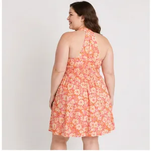 Madden NYC Womens Plus 3X Tropical Floral Halter Mini Smocked Dress Pink Orange thumbnail 4