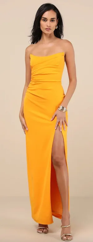 Lulus Malia Golden Yellow Ruched Strapless Maxi Dress Formal Evening Small NWT thumbnail 1