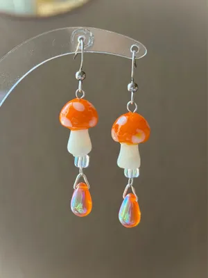 Handmade Kawaii y2k style funky bright orange mushroom hoop dangle earrings🍊🍄🧡 thumbnail 4