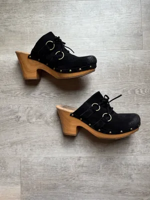 Korks Woodley Black Suede Boho Wooden Platform Clogs Mules Size 10  thumbnail 3
