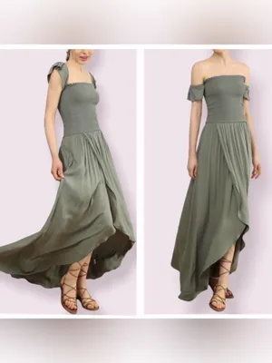 Young Fabulous & Broke Frida Green Smocked Off The Shoulder Maxi Dress Size M thumbnail 2