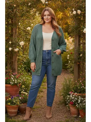 BloomChic Sage Green Crochet Knit Cardigan Open Weave Button Front Sweater 14-16 thumbnail 6
