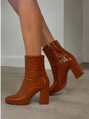 ASOS Croc-Embossed Block Heel Ankle Boots - Brown thumbnail 1
