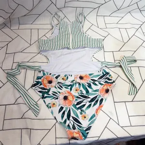 Cupshe One Piece Swimsuit‎ Large Green White Striped Floral Wrap Tie Cutout thumbnail 7