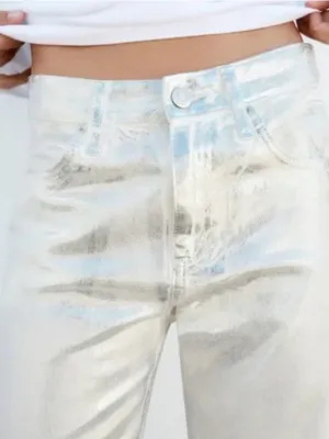 Zara TRF Metallic Silver Painted High Rise Wide Leg Women’s Jeans thumbnail 3