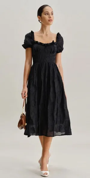 Rihoas Black Square Neck Puffed Sleeve Midi Dress thumbnail 1