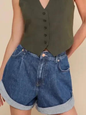 We The Free Danni High Rise Shorts Denim Dark Wash Oversized Cuff Size Large thumbnail 1