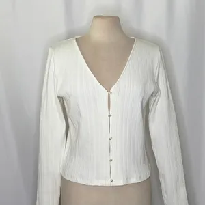 VINCE Pearl Button Cardigan Sweater Off White Ribbed Cropped V Neck‎ X-Large thumbnail 3